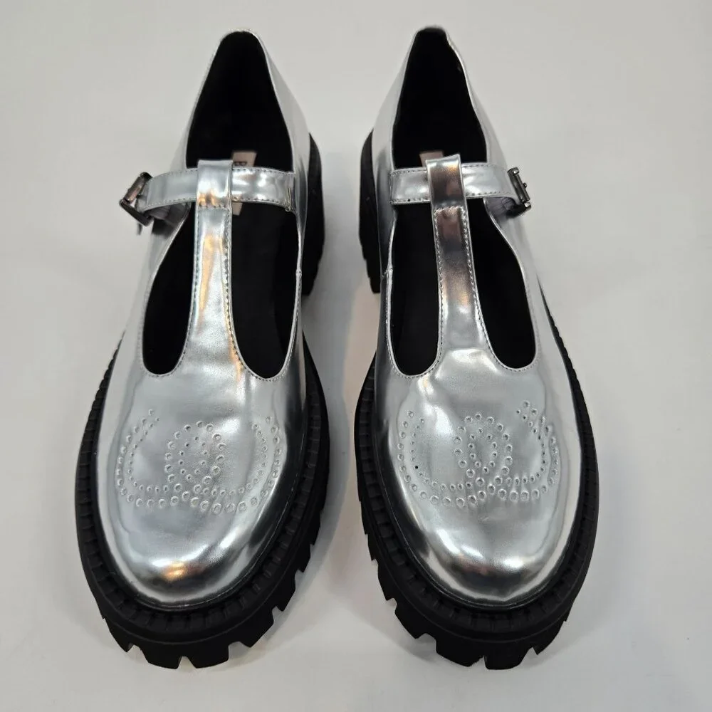 Anthro Bibi Lou Cathy Silver Chunky T-Strap Mary Janes Women's Size US 9 EU 39